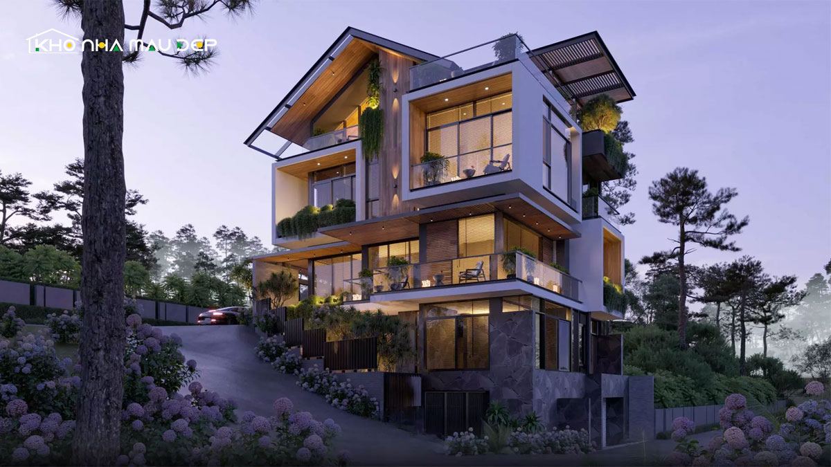 Biệt thự phong cách hiện đại có gara ô tô tiện dụng