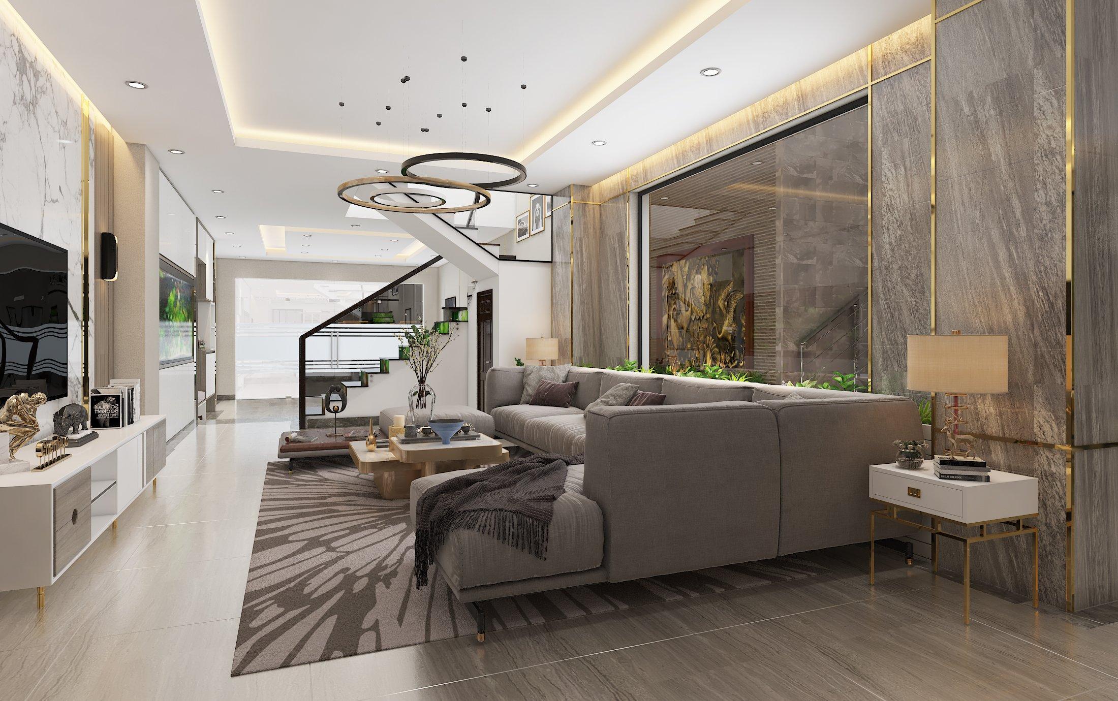 Bố trí phòng khách trong nhà mái lệch 2 tầng (nguồn: sưu tầm)