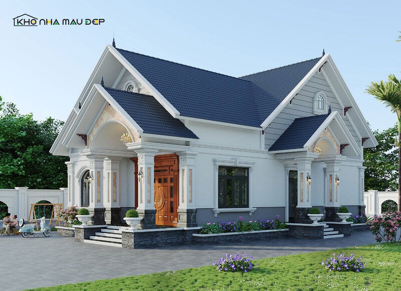 Mẫu nhà cấp 4 mái ngói có sân vườn xanh rộng