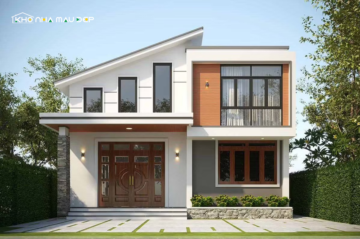 Mẫu nhà mái lệch 2 tầng đẹp, thoáng đãng