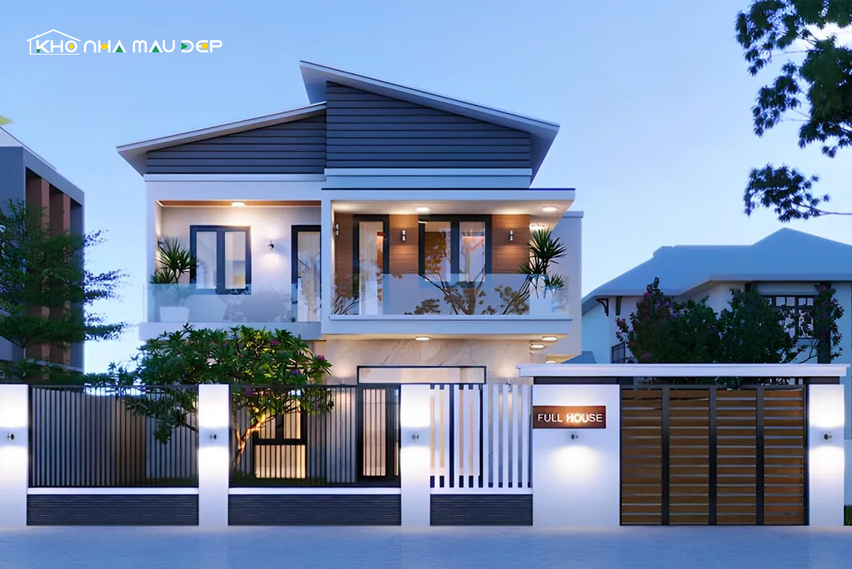 Mẫu nhà 2 tầng mái lệch đẹp có tầng tum