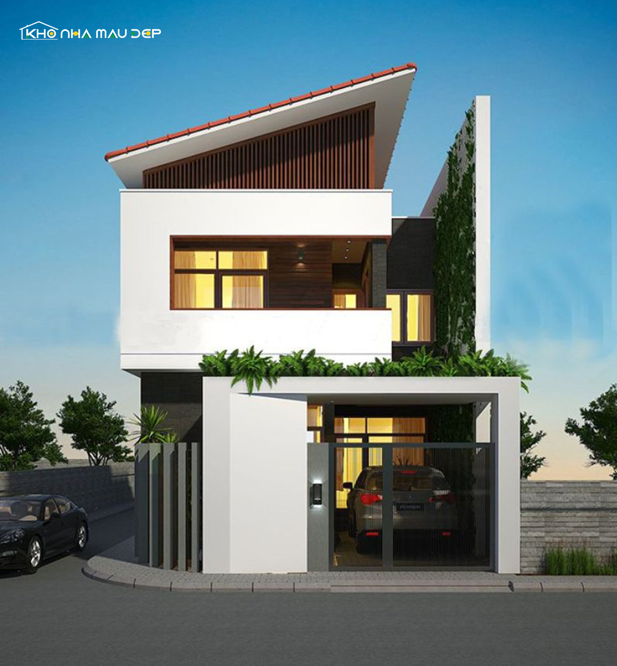 Mẫu nhà mái lệch 2 tầng có 2 mặt tiền