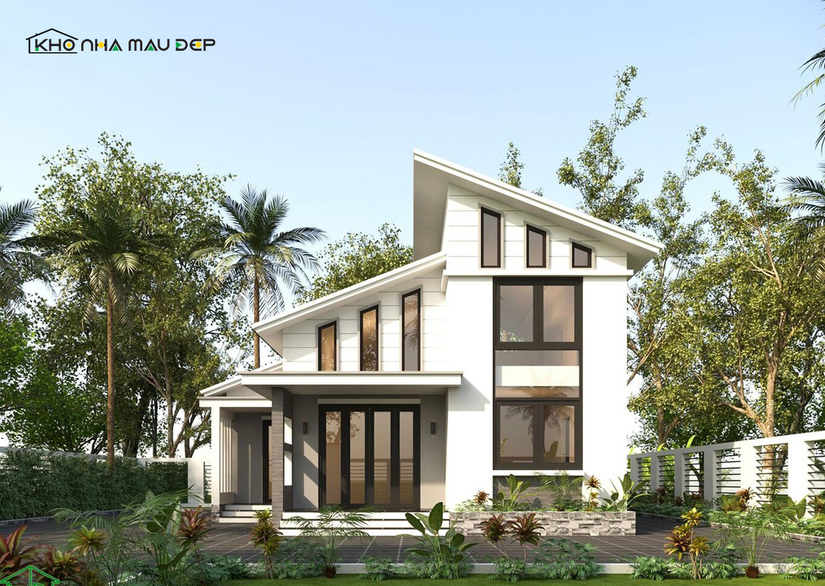 Mẫu thiết kế nhà 2 tầng mái lệch đẹp có sân vườn