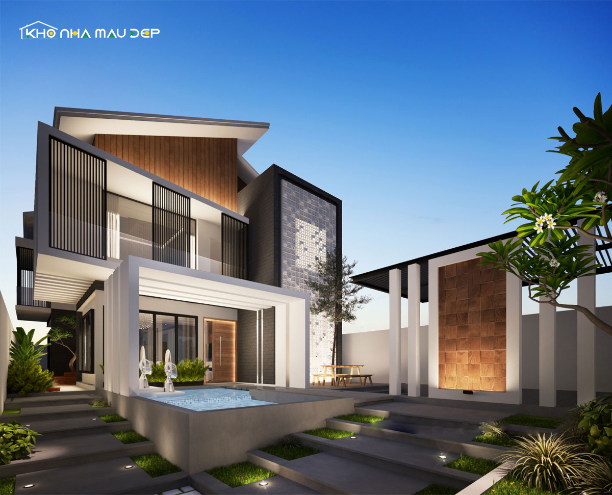 Kiểu nhà 2 tầng mái lệch chữ L thiết kế độc đáo