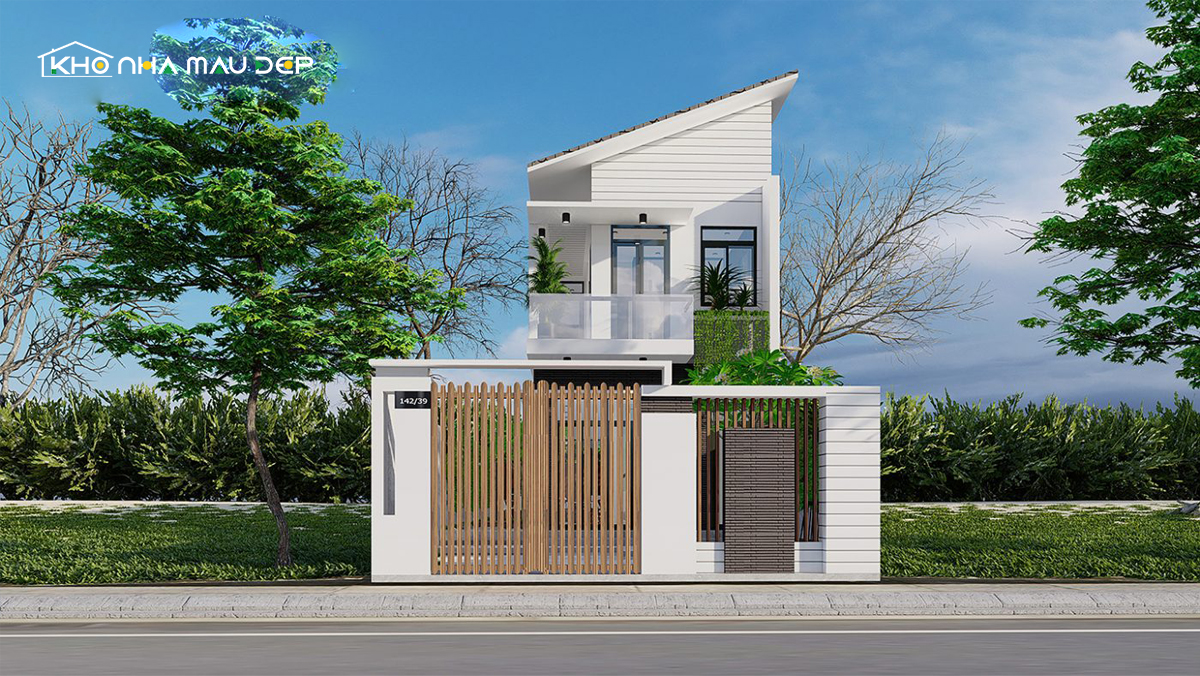 Mẫu nhà phố 2 tầng mái lệch hiện đại, thu hút