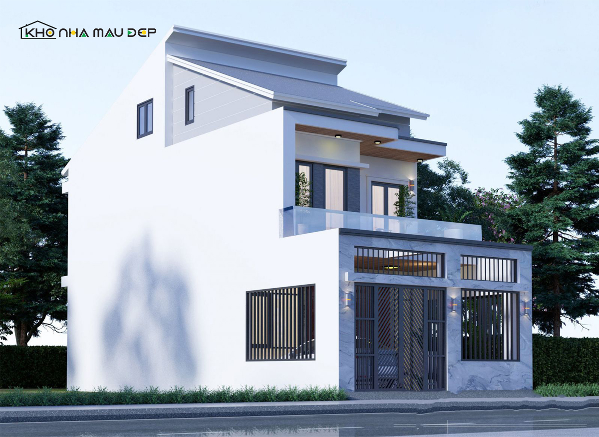 Mẫu nhà mái lệch 2 tầng có gác mái đẹp ấn tượng