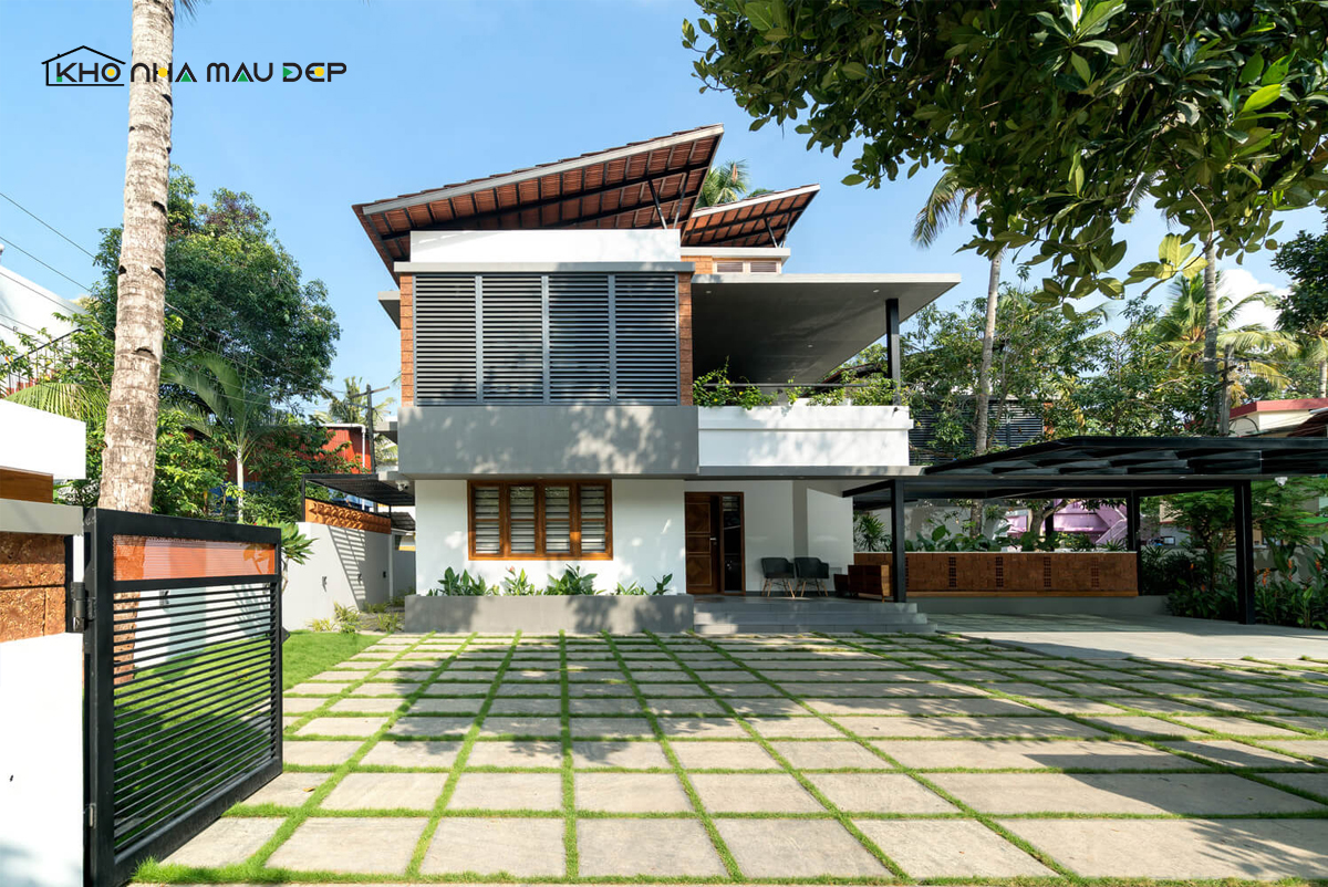 Mẫu thiết kế nhà mái lệch 2 tầng có gara