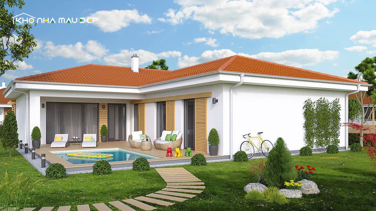 Mẫu nhà mái ngói cấp 4 có sân vườn xanh mát 