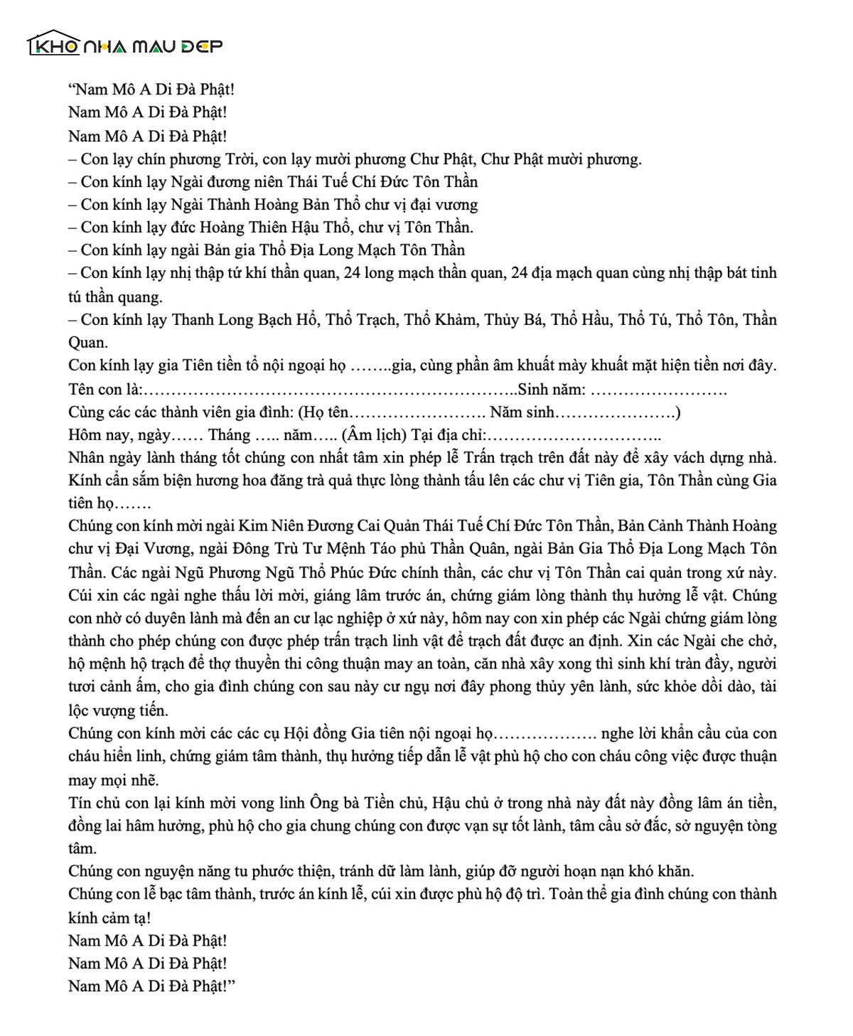 Văn khấn khi làm lễ trấn trạch  