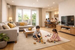 Phòng khách và phòng bếp thông nhau tạo không gian chung cho gia đình